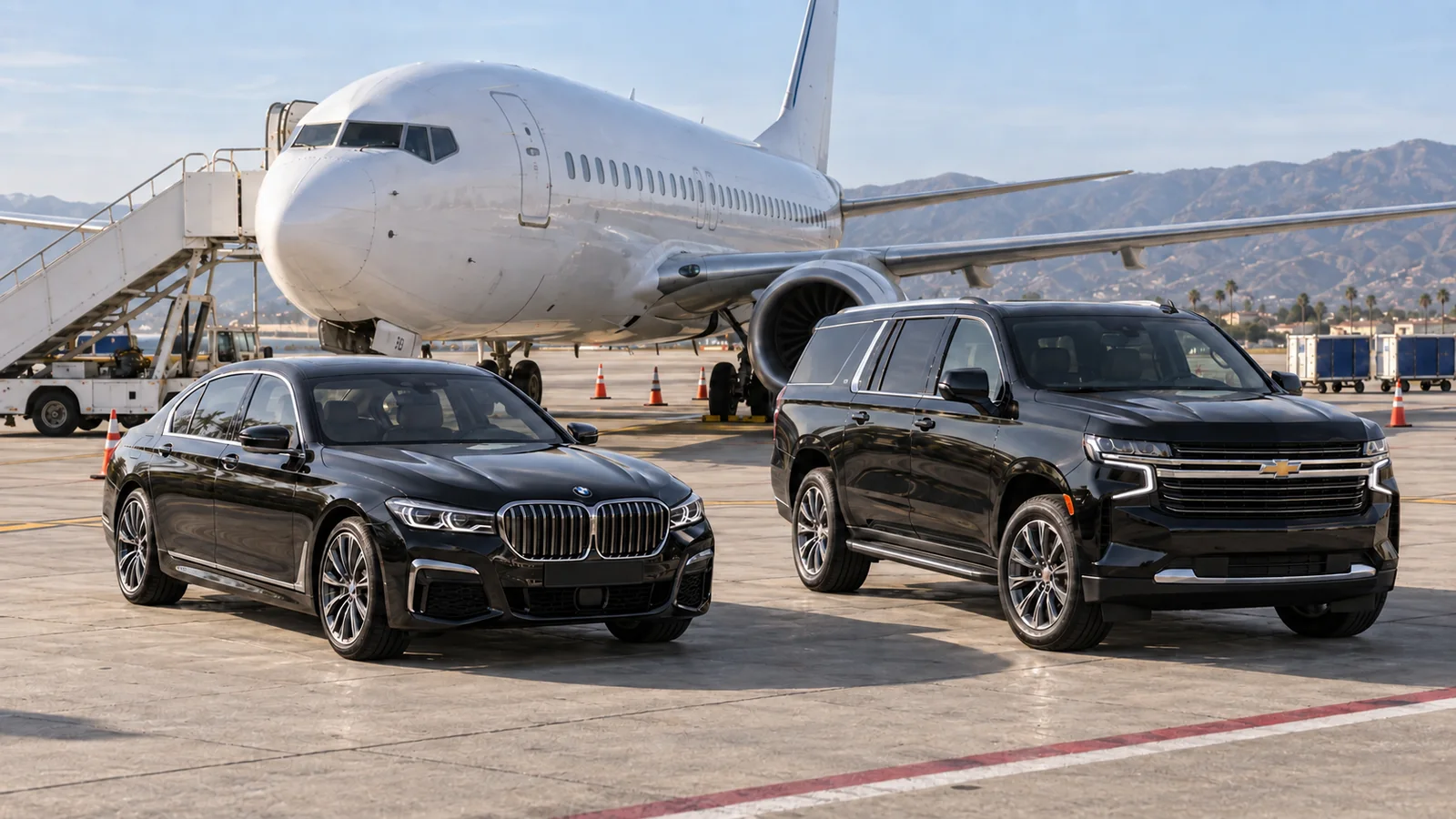 BMW 7 Series and Chevrolet Suburban for private airport chauffeur service