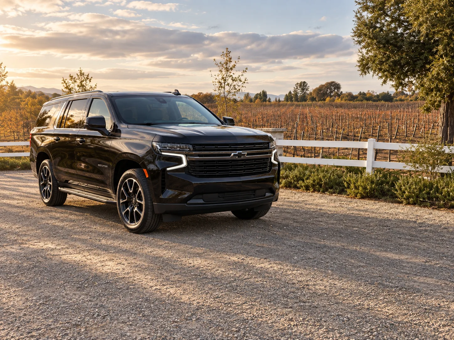 Chevrolet Suburban negro en la región vinícola de Santa Bárbara