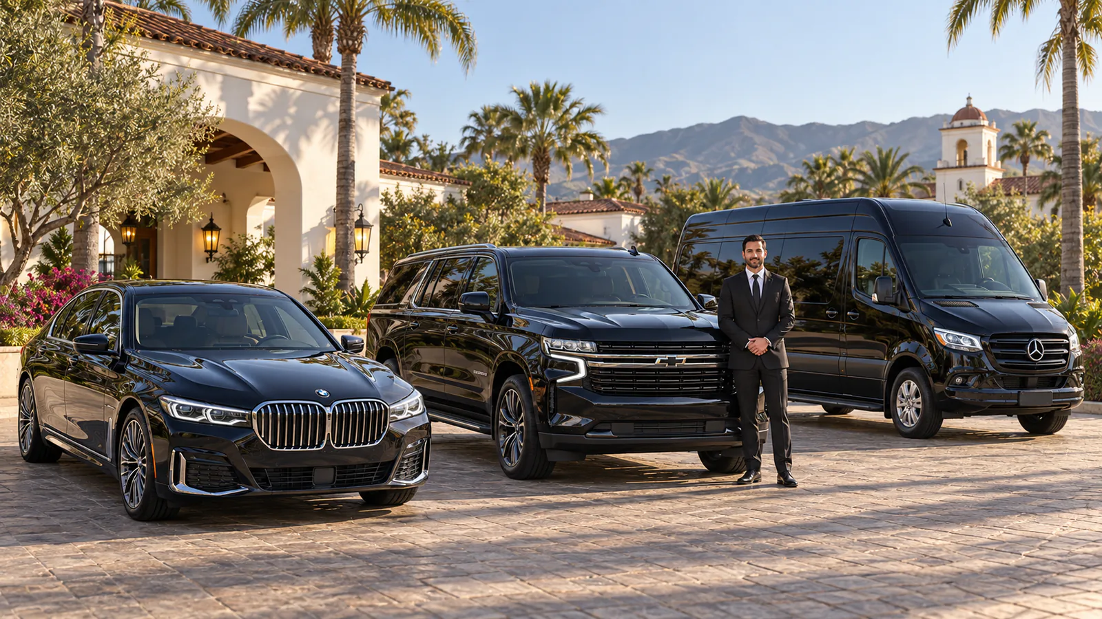 Seaside Transportation BMW 7 Series, Chevrolet Suburban, Mercedes-Benz Sprinter, and professional chauffeur in Santa Barbara