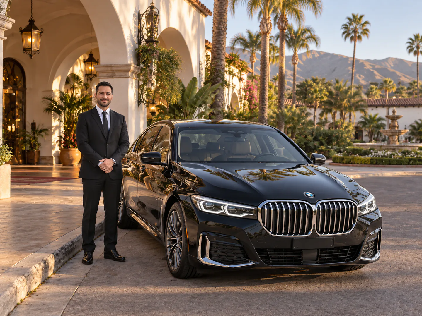Black BMW 7 Series with a professional chauffeur at a Santa Barbara hotel
